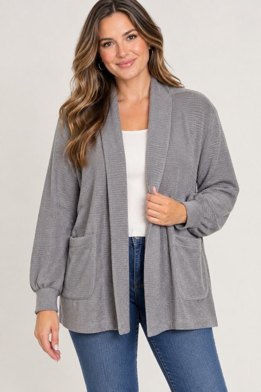 Modern Soul Med Gray Mist Chenille Waffle Knit Open Front Cardigan A703657 NWOT